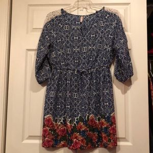 Red Camel - L Navy Floral Print Dress w/Rose Pattern at Hem Elastic & Tie waist